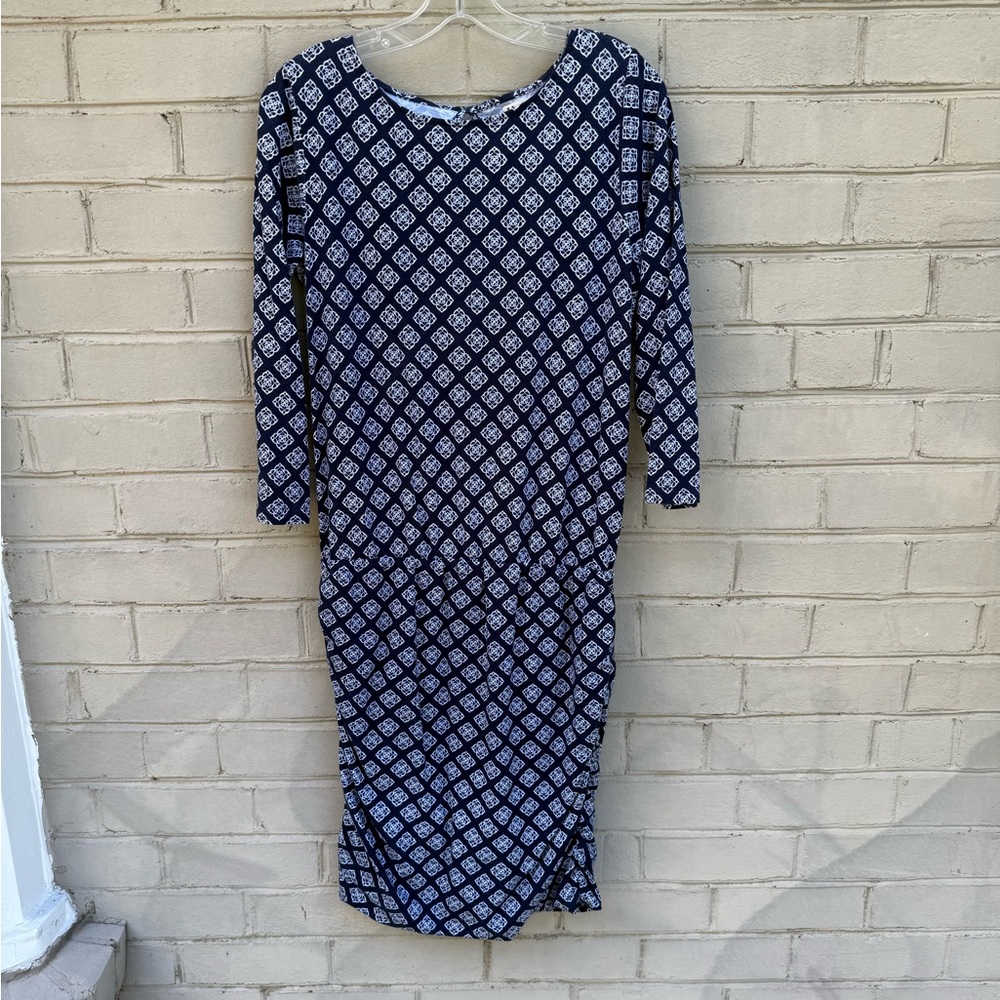 EUC Hatley Size M Cotton Blend Pullover Long Sleeve Dress Navy Geometric